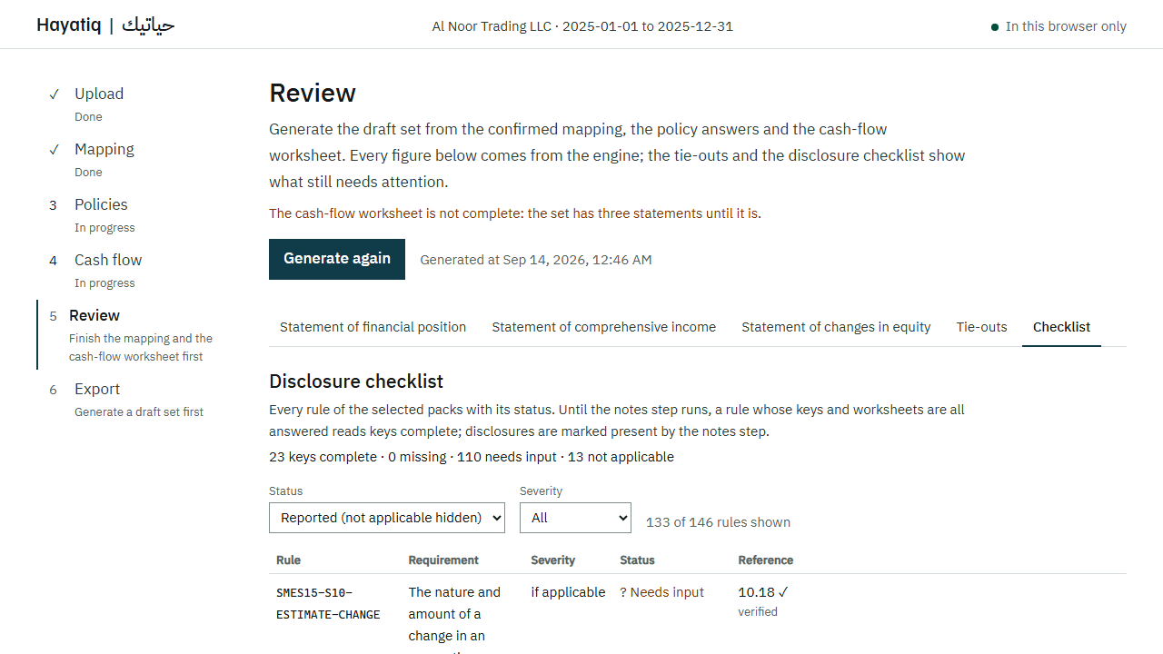 The disclosure checklist tab, listing required items and their status against the framework pack